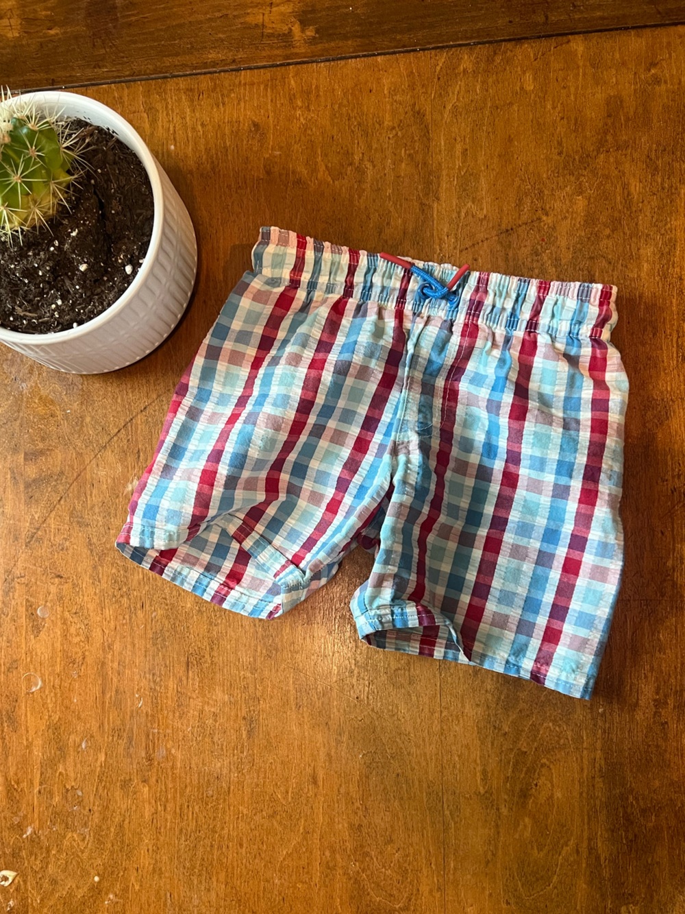 Cat & Jack Boys 5T Plaid Swim Trunks Red Blue White Seersucker